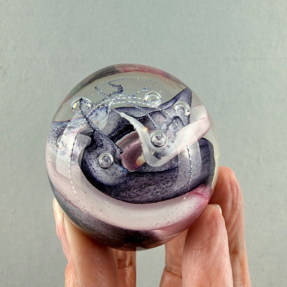 VTG Studio Art Glass Paperweight Plum Pink White Swirl Controlled Bubble